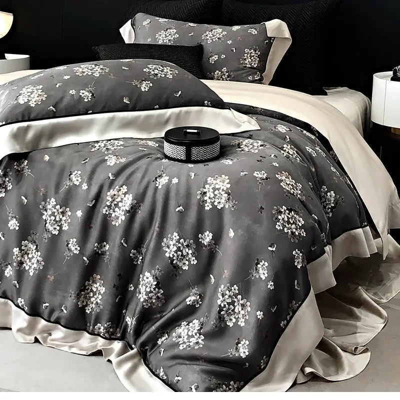 Elegant gray satin duvet cover bedding set with delicate white floral embroidery and cream ruffled edges decorbites flowers plant print