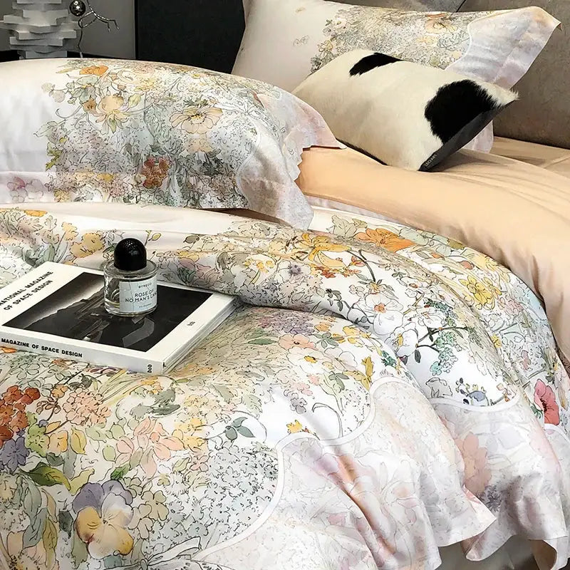 Floral pastel cream lyocell cotton bedding set with delicate ruffled edges and soft lightweight fabric featuring flowers plant print