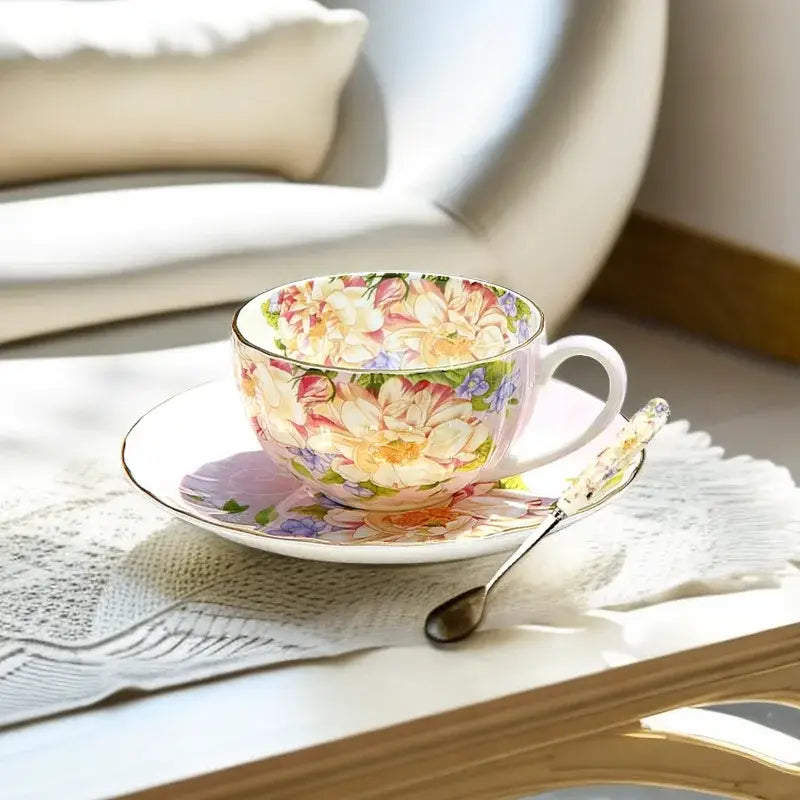 Delicate porcelain tea set with vibrant pastel floral pattern in pinks yellows and purples perfect for afternoon tea decorbites ceramic afternoon