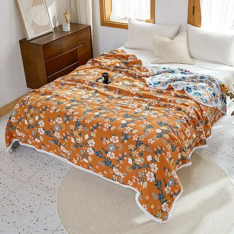 Orange floral sofa cover with white lace trim made of decorbites breathable cotton gauze for living room decor