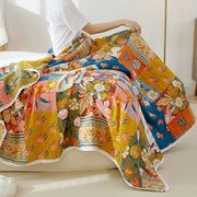 Vibrant floral patchwork sofa cover with breathable cotton gauze in warm tones and white lace trim for living room decorbites decor