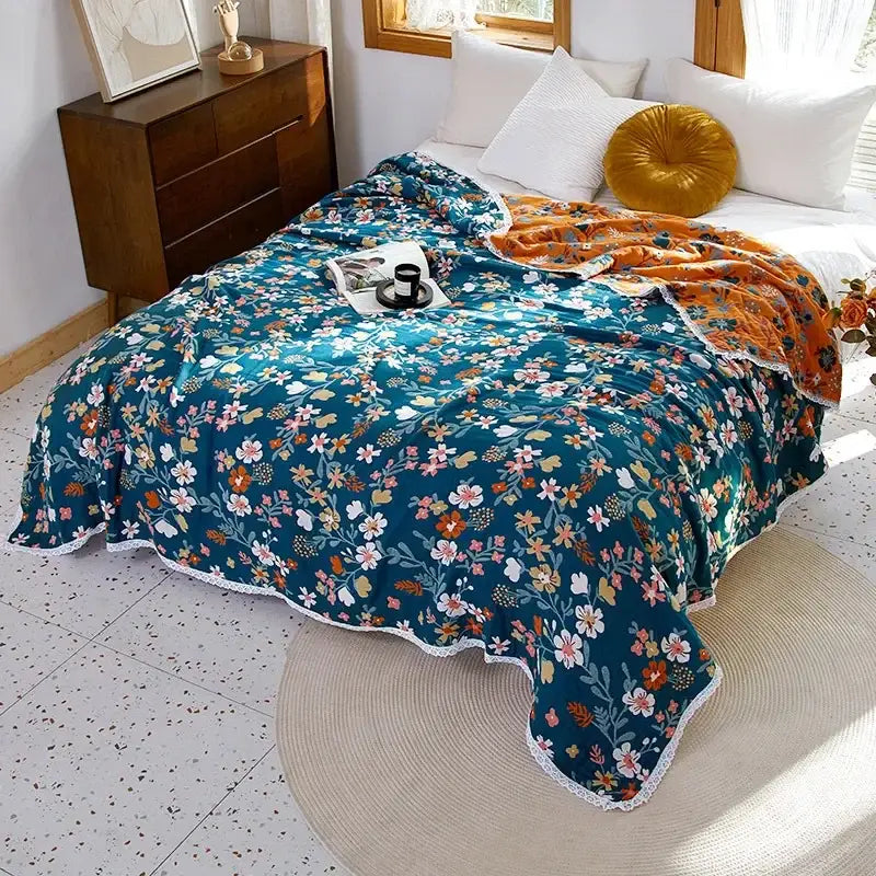 Teal floral throw blanket with white lace trim soft plush texture breathable cotton gauze sofa cover decorbites living room decor