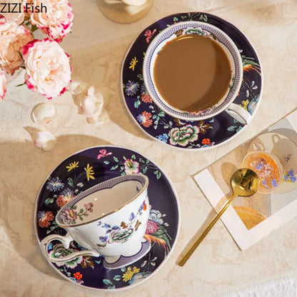 Elegant ceramic cup and saucer set with flowers pattern on deep navy porcelain featuring decorbites flowers pattern accents