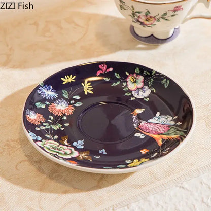 A dark navy ceramic saucer with vibrant decorbites flowers pattern complements a floral pattern ceramic cup set