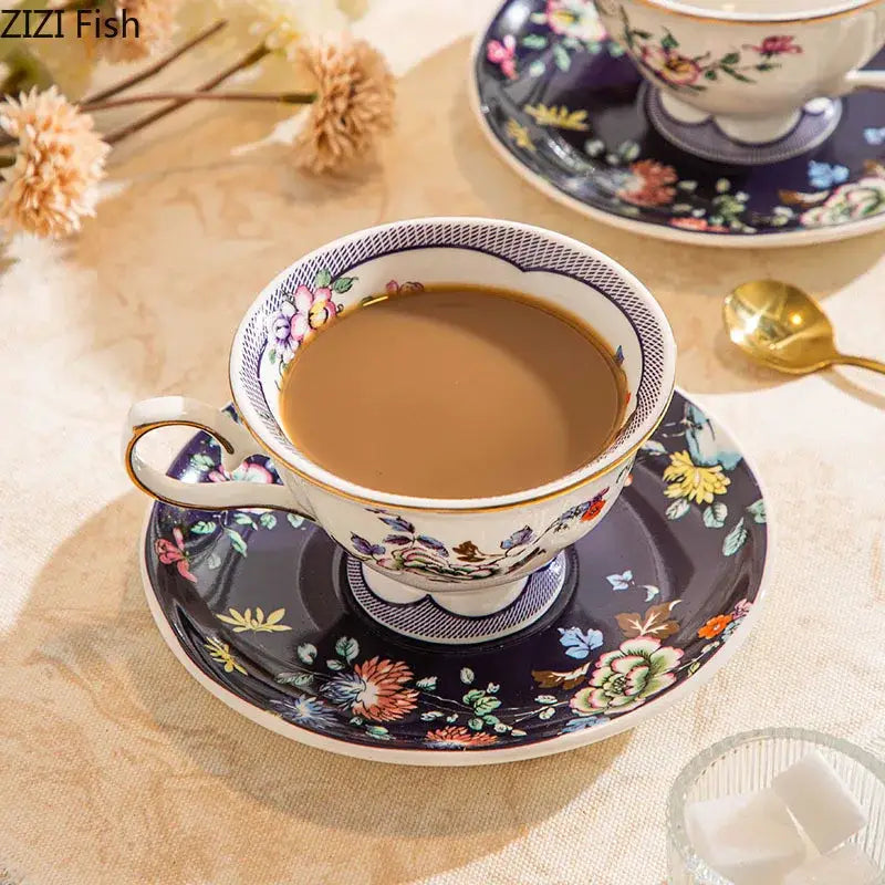 Elegant ceramic cup and saucer set with flowers pattern and gold-trimmed handle for dining room porcelain decorbites flowers pattern
