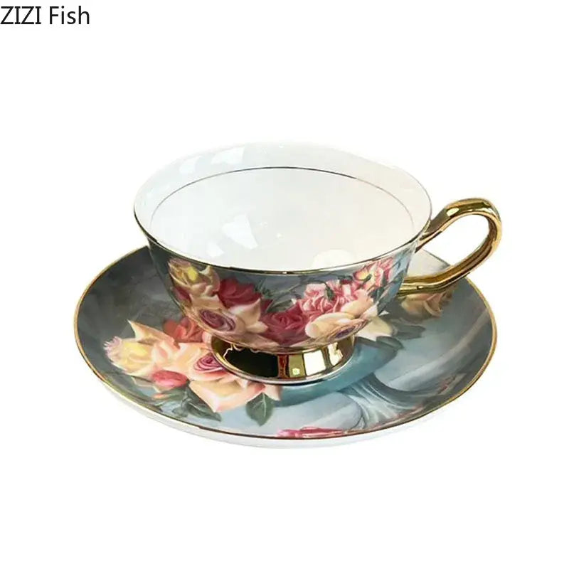 Elegant porcelain coffee cup and saucer set with decorbites flowers pattern in pink, peach, and cream roses on teal