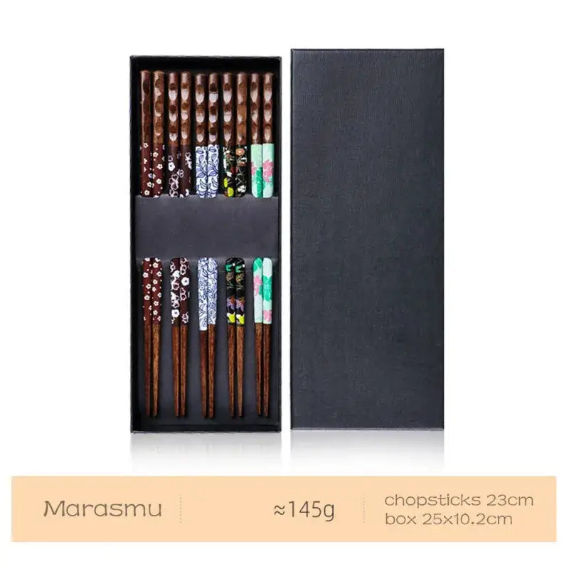 Set of eight bamboo wood chopsticks with floral patterned handles in a black gift box for enhanced dining experience