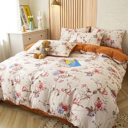 Floral pink and blue flower print bedding set with cream base on soft cotton fabric for bedroom use