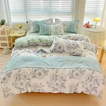 Soft mint green and white floral decorbites cotton printed bedding set with black line flowers and satin-like border sheen