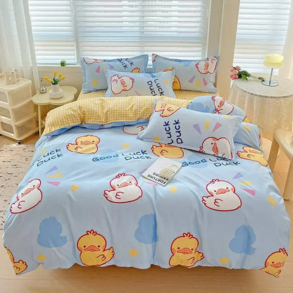 Floral pink and blue rose cotton printed bedding set with light blue duck-themed cotton printed bedding decorbites design