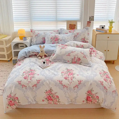 Floral pink and lavender cotton printed bedding set with soft elegant design for bedroom comfort by decorbites cotton printed