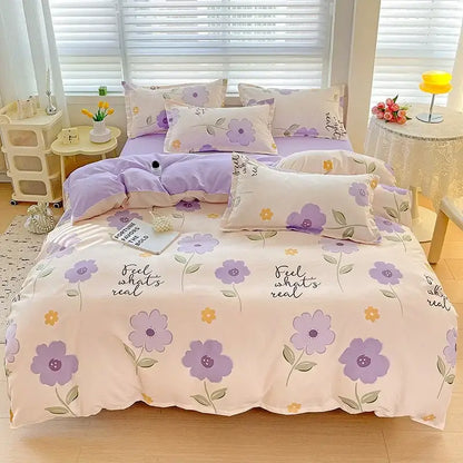 Lavender and cream floral decorbites cotton printed bedding set with purple flowers yellow accents and feel whats real text