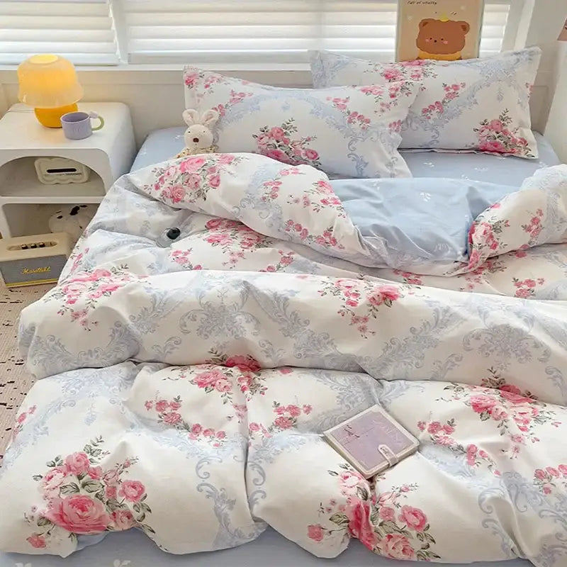 Floral pink and blue rose cotton printed bedding set with soft textured fabric finish by decorbites cotton printed