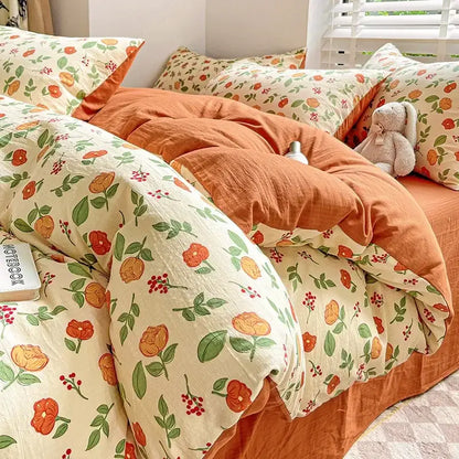 Cream-colored cotton flower printed comforter set with orange blossoms green leaves and red berries for bedroom decorbites
