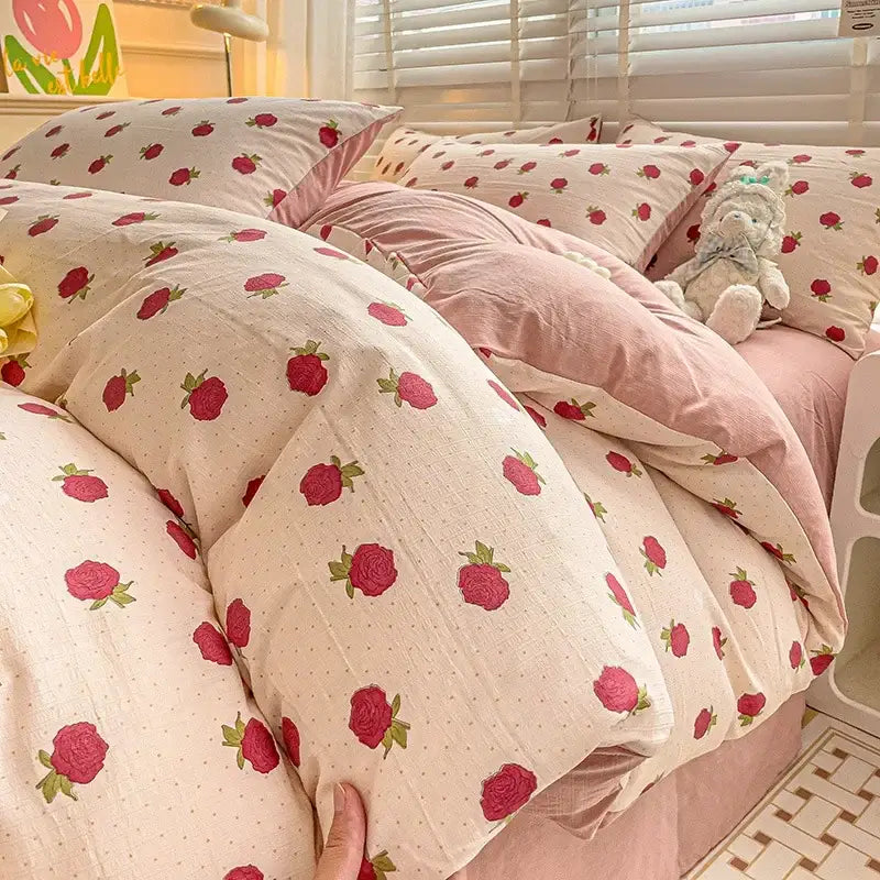 Cream-colored cotton flower printed comforter set with red rose prints and matching pink pillowcases by decorbites