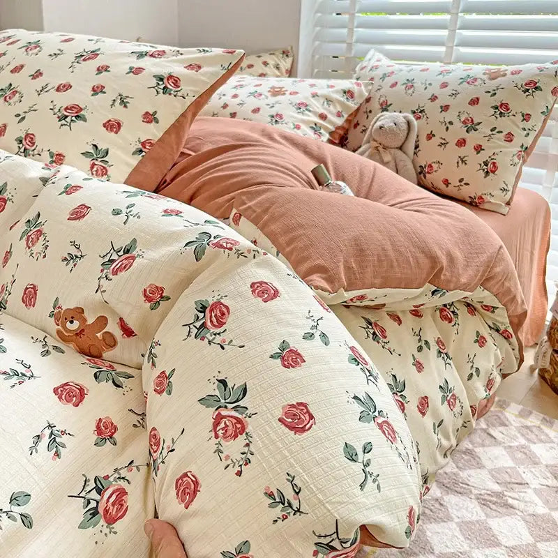 Cream-colored comforter set with delicate red rose cotton flower printed pattern in soft decorbites cotton flower fabric