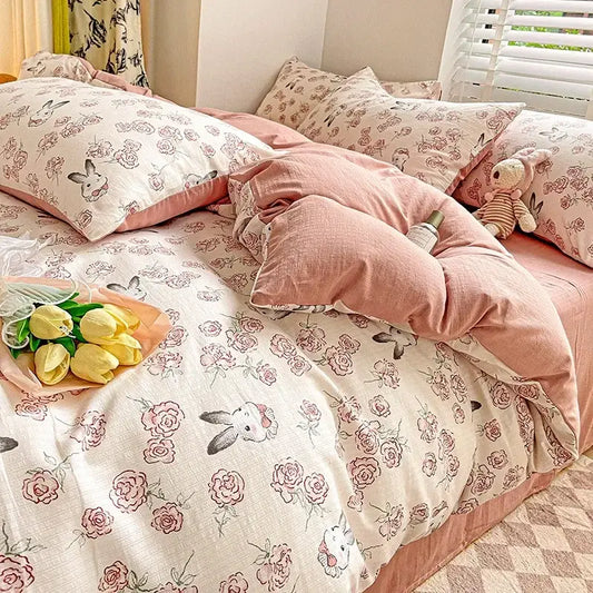 Pink and cream floral cotton flower printed comforter set with bunny motifs for bedroom decorbites cotton flower design