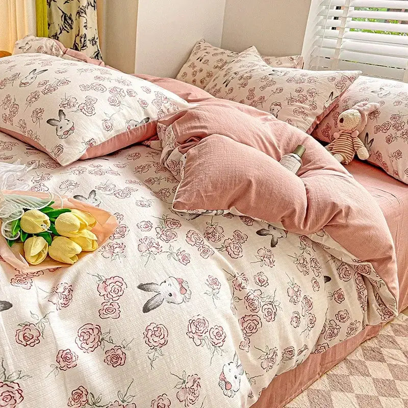 Pink and cream floral cotton flower printed comforter set with bunny motifs for bedroom decorbites cotton flower design