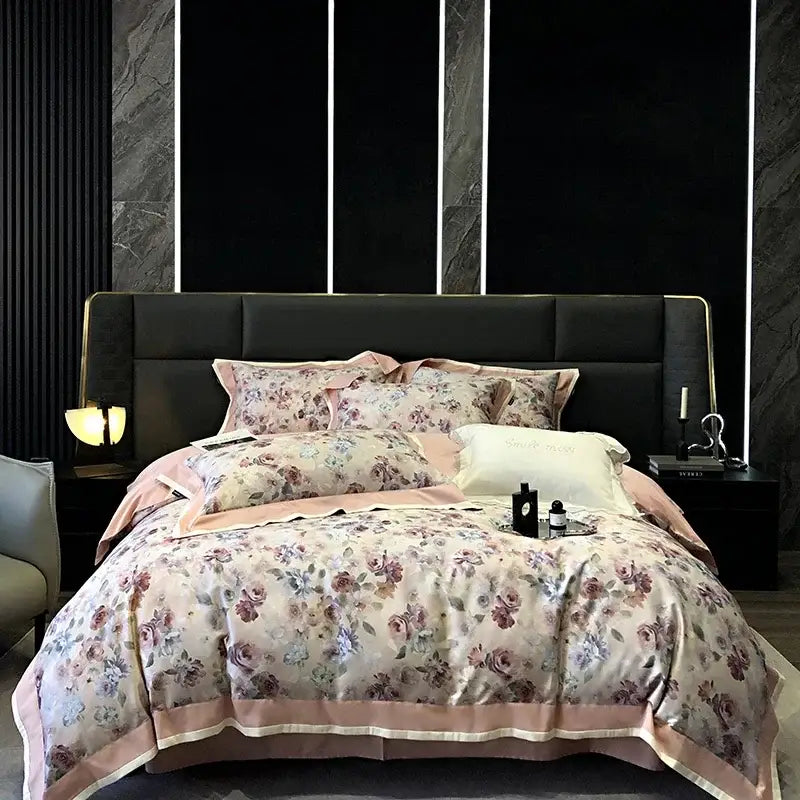 Floral pink egyptian cotton bedding set featuring a satin duvet cover with peach piping and rose blossom pattern