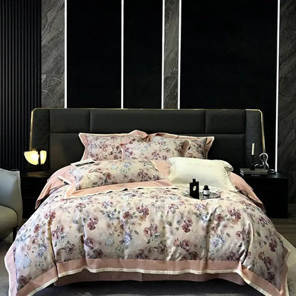 Floral pink egyptian cotton bedding set featuring satin duvet cover with soft blossoms and peach piping by decorbites 100s egyptian