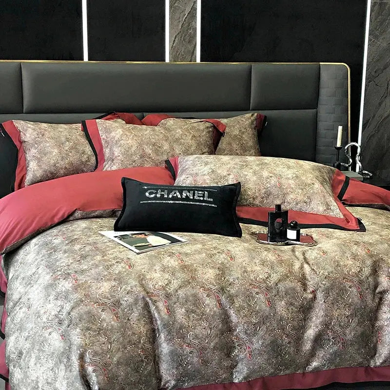 Luxurious black velvet chanel pillow with silver embroidery on floral pink egyptian cotton bedding set decorbites 100s egyptian