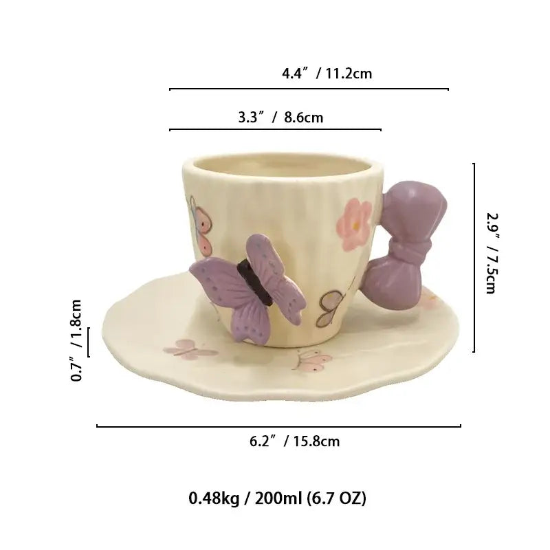 Cream-colored ceramic cup and saucer set with purple butterfly and decorbites bowknot ceramic handle for dining room decor