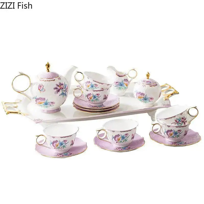 Elegant floral pink and purple porcelain coffee mug set with delicate pastel patterns and gold trim for dining room use