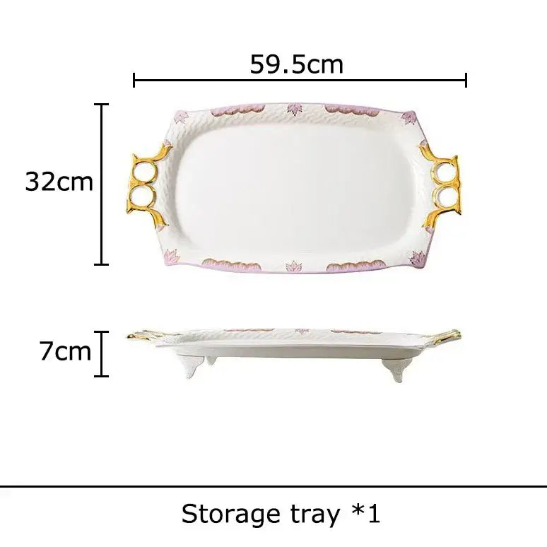 White ceramic storage tray with gold-toned handles and pink floral trim for floral pink and purple porcelain coffee mug set