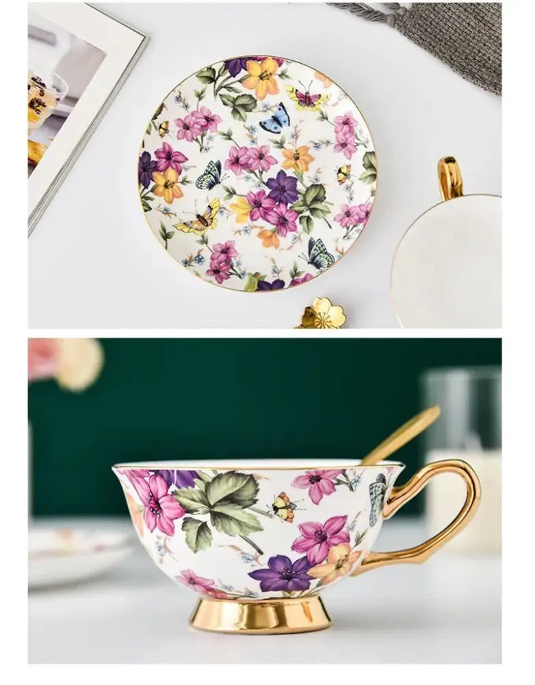 Floral pink and purple porcelain tea cup set with vibrant floral pattern and gold rims for elegant dining use