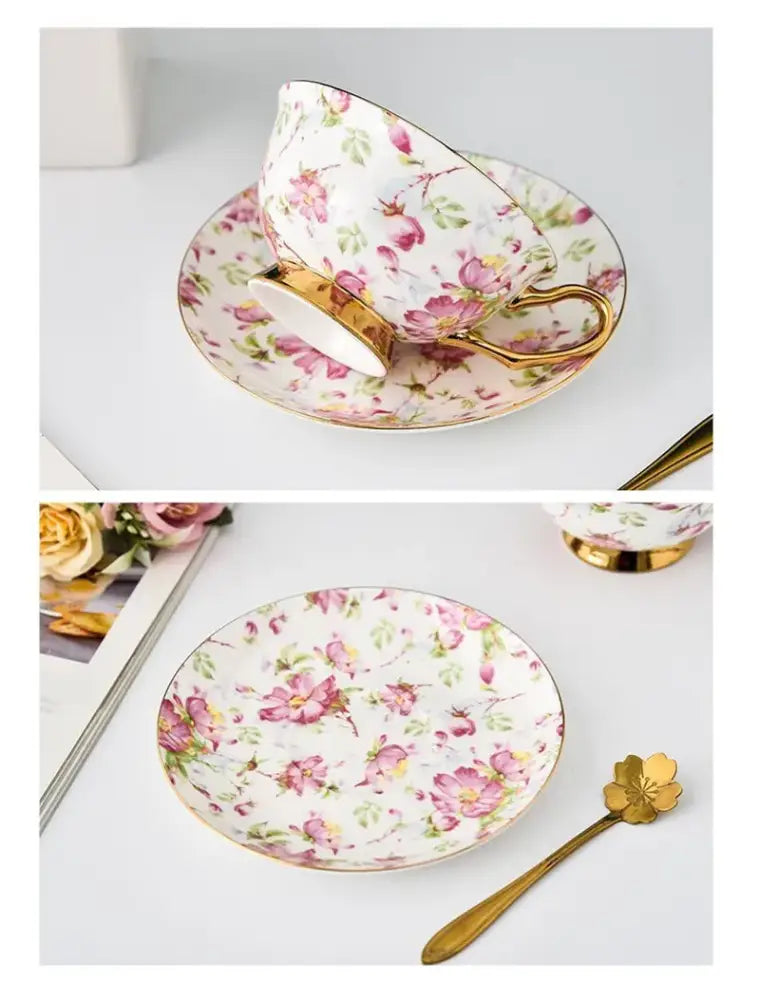 A delicate floral pink and purple porcelain tea cup set with gold trim perfect for dining room coffeeware