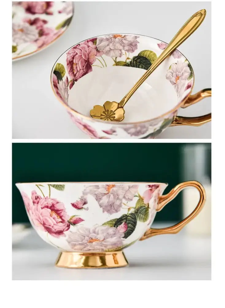 Delicate floral pink and purple porcelain tea cup with gold trim in elegant tea cup set for dining room coffeeware