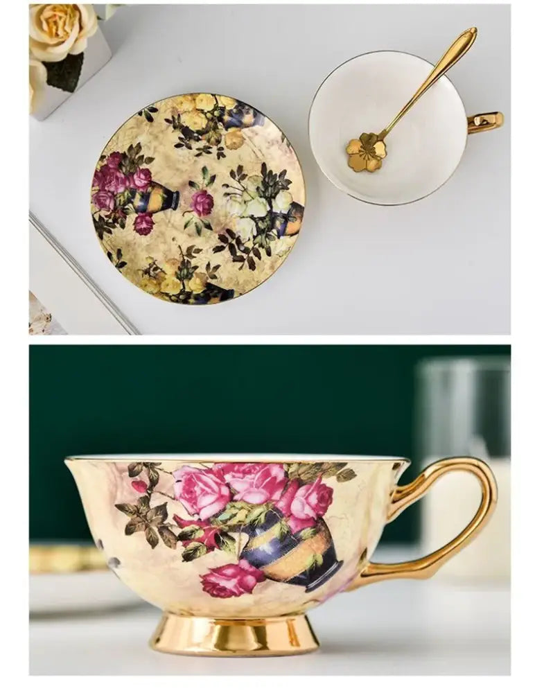 Elegant porcelain tea cup set with gold trim and pink rose floral design in blue vase for dining room coffeeware