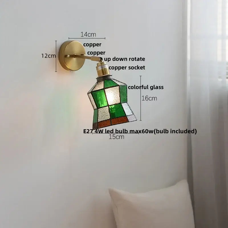 A vintage-style decorbites butterfly glass wall light with copper mount and green clear stained glass shade for bedroom