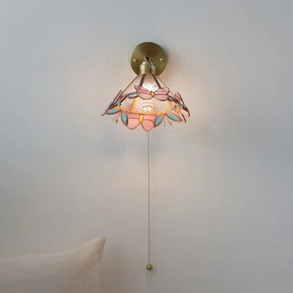 Floral pink and teal decorbites butterfly glass wall light with brass finish stained glass butterfly design