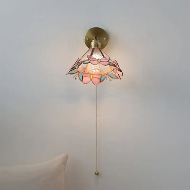 Floral pink and teal decorbites butterfly glass wall light with brass finish stained glass butterfly design
