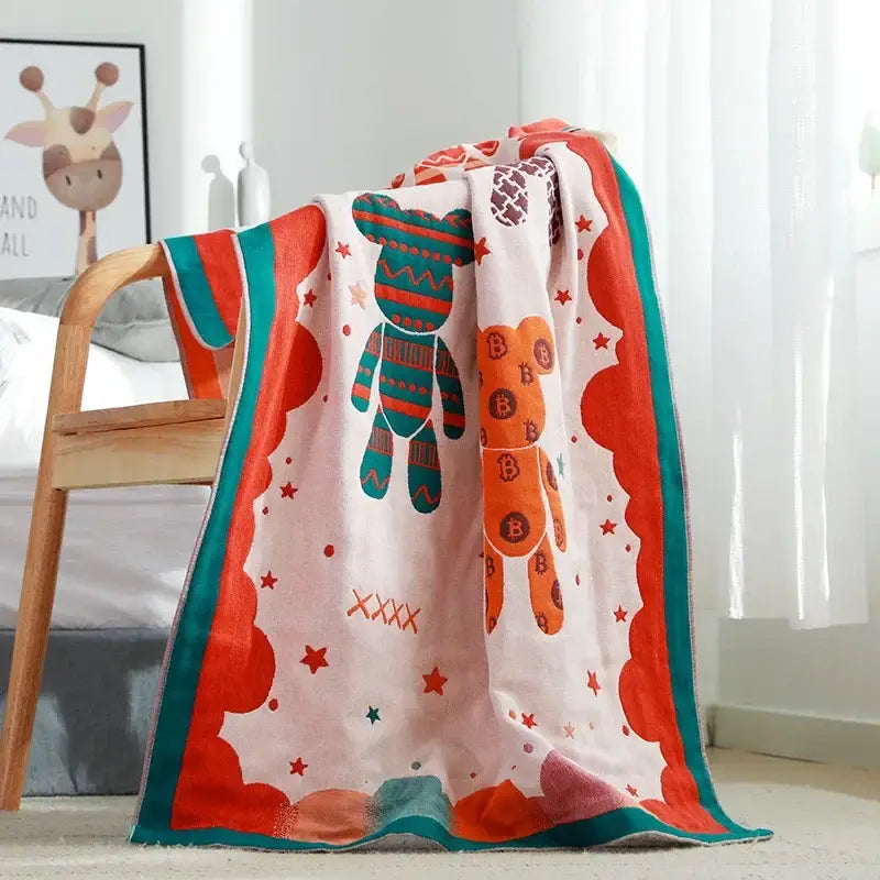 Floral pink and yellow cotton gauze bath towel with plush baby blanket design featuring cartoon bears for decorbites cotton gauze bath