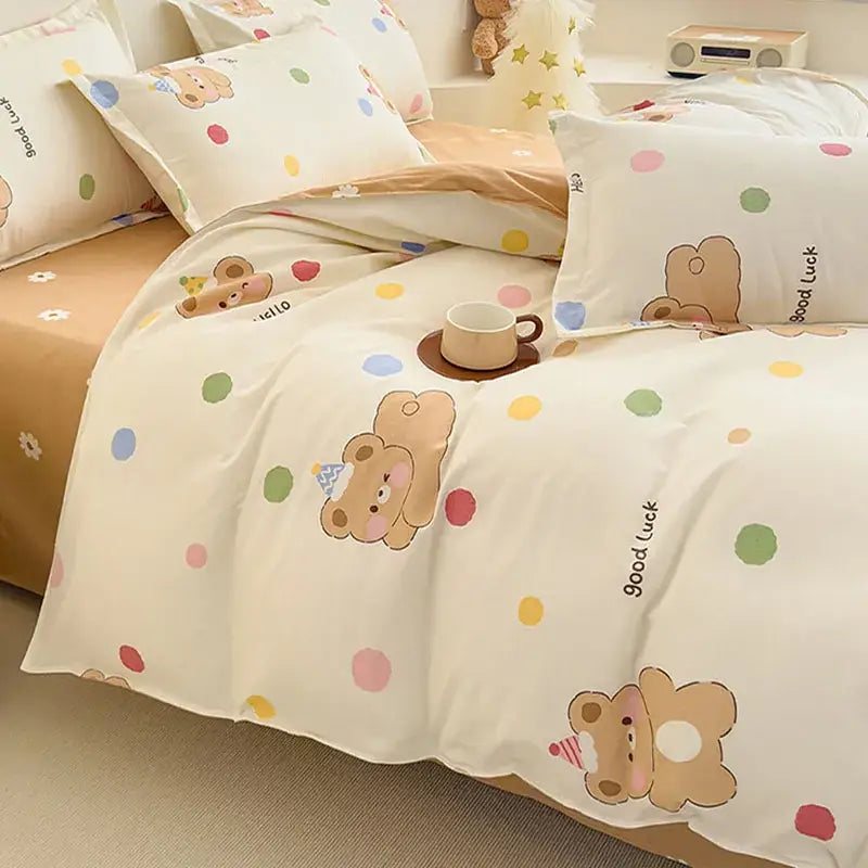 Floral puppy cotton printed bedding set featuring cream-colored cotton printed bedding with teddy bears and pastel polka dots