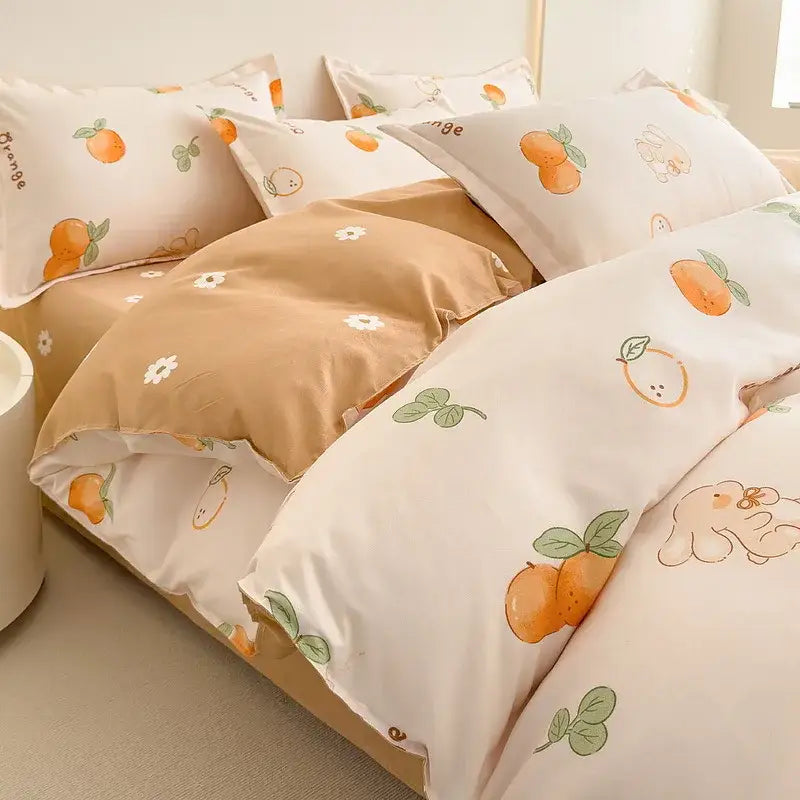 Cute peach-colored floral puppy cotton printed bedding set with orange and bunny illustrations on soft cotton fabric
