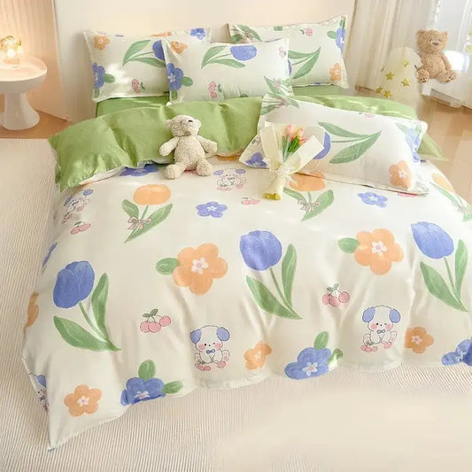 Cute floral and puppy-themed decorbites cotton printed bedding set in soft pastel colors for bedroom decor