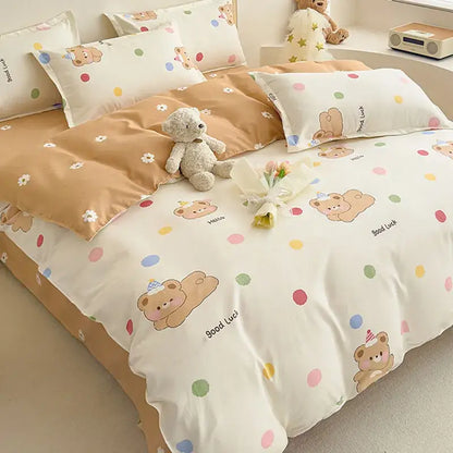 Cute beige teddy bear plush with a bow tie sitting on bed with floral puppy decorbites cotton printed bedding set