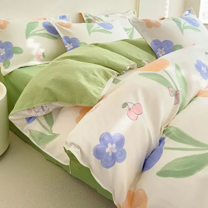 Floral puppy cotton printed bedding set featuring pastel floral duvet cover with soft green and cream watercolor design