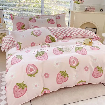 Pink strawberry-themed floral puppy decorbites cotton printed bedding set with pastel cotton printed duvet cover