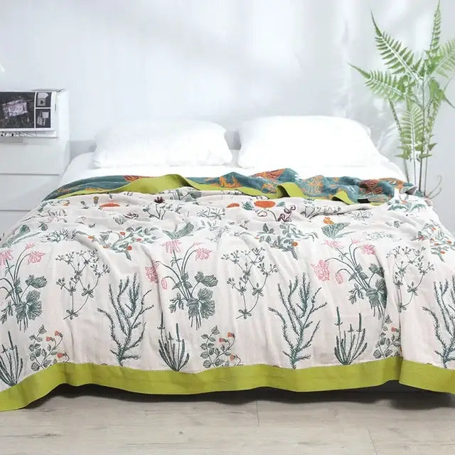 Floral red bird cream cotton gauze summer blanket with pink floral print and lime-green border bedroom throw