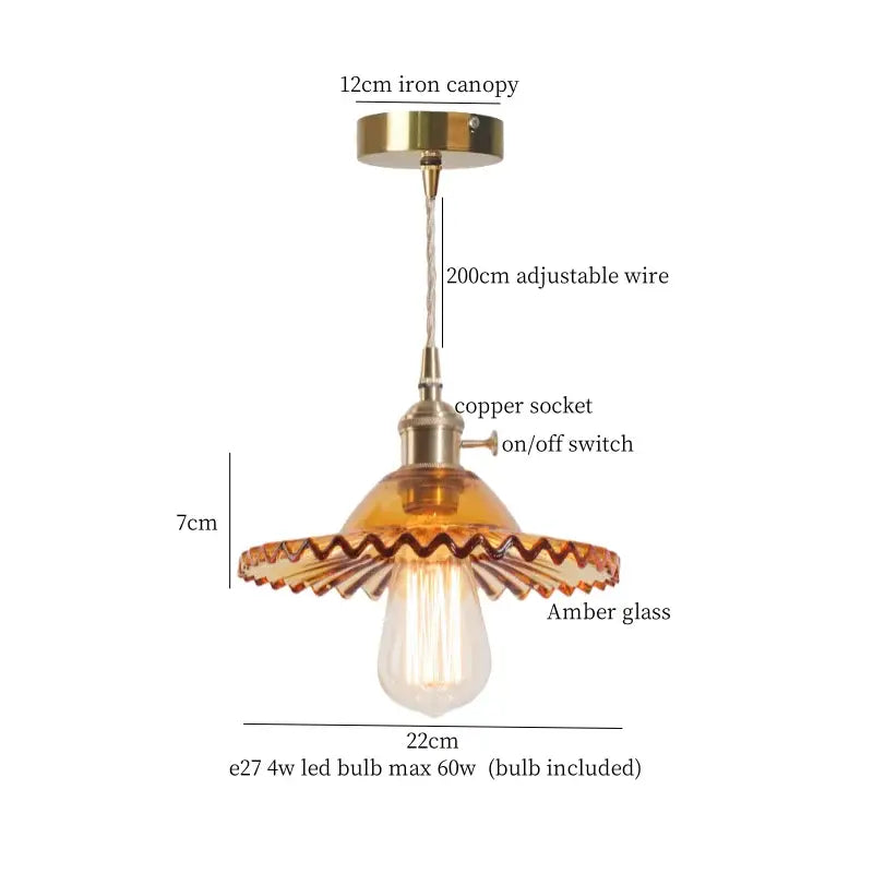 Amber glass pendant lamp with brass glass led hardware featuring a copper socket and iron canopy for bedroom decorbites brass glass