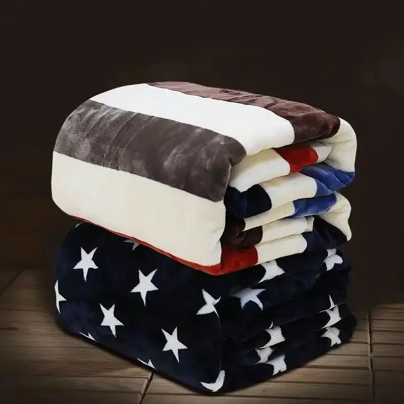 Stacked plush coral fleece flannel blankets in navy blue with american flag designs for decorbites coral fleece decor