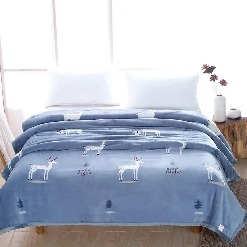 Blue plush coral fleece flannel blanket with white deer and good night text for bedroom decorbites coral fleece
