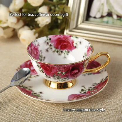 A delicate floral red rose bone china tea set with gold trim and matching golden handle and foot by decorbites bone china