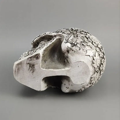 Silver skull figurine with intricate floral and leaf carvings decorbites 20cm carved skull for living room halloween decor