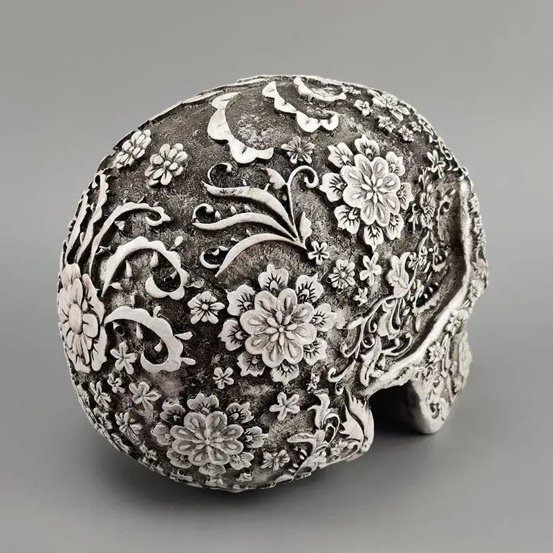 Silver 20cm carved skull figurine decorated with intricate floral and vine patterns for living room Halloween decor