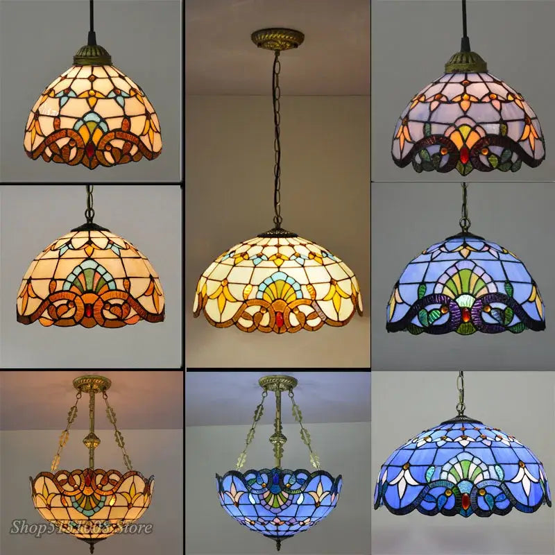 Floral stained glass baroque tiffany pendant light with amber, blue, and multi-color patterns for dining room decorbites baroque tiffany